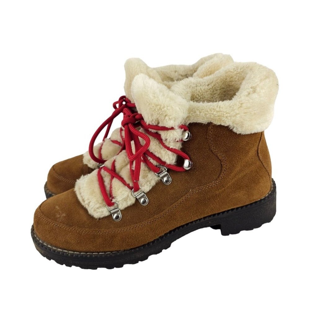 J. Crew Brown Suede Winter Boots Faux Fur Lining Red Lace Up Style K3684 Sz 10 M